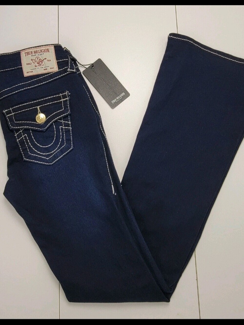 True Religion Becca Big T Flap Bootcut Jeans Dark Oak Wash Women Size 26 New